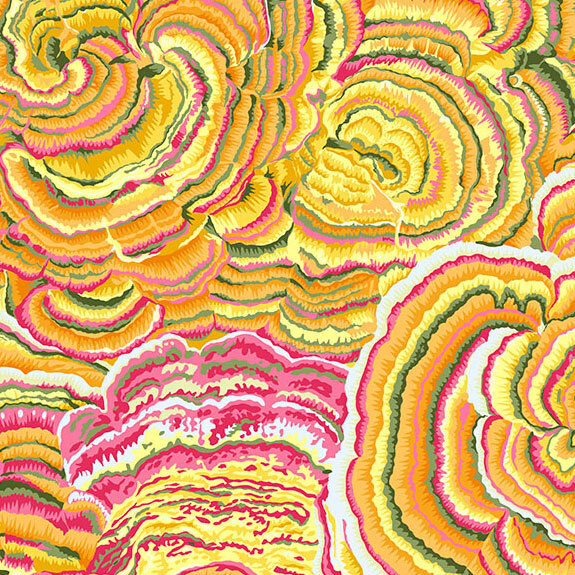 Fabric with an overlapping turkey tail mushroom design in bright yellow, orange, pink, green, and white.