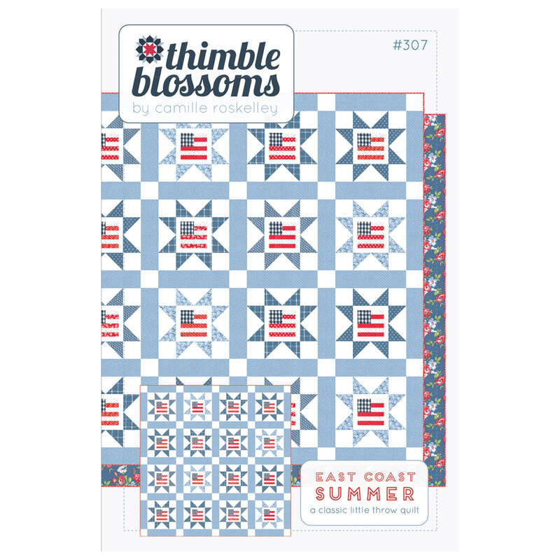 East Coast Summer quilt pattern cover showing a blue and white quilt with rows of pieced star blocks centered with red, white, and blue flag motifs.