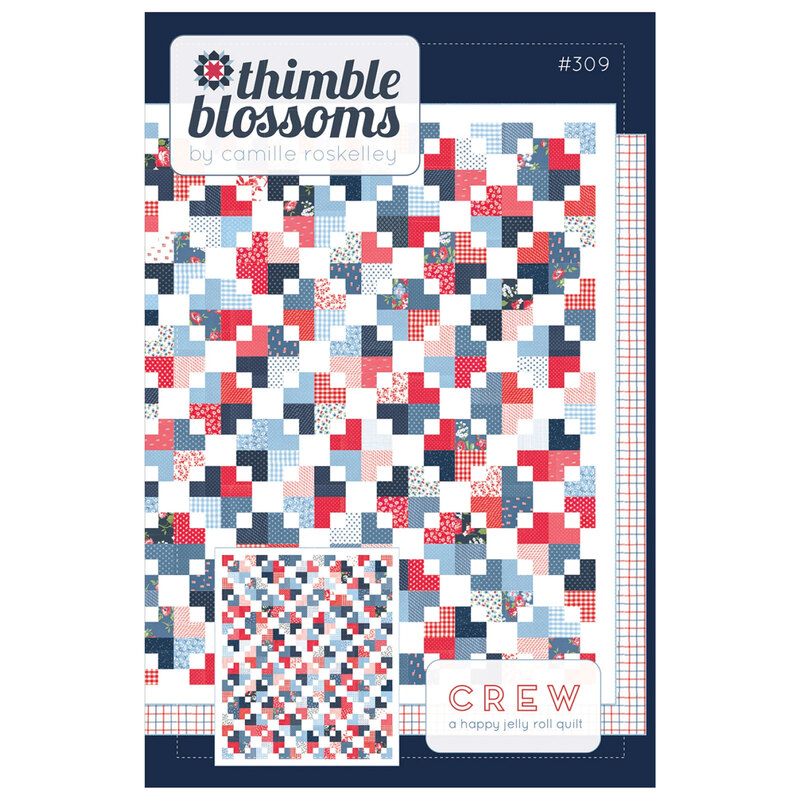 Crew quilt pattern cover showing a red, white, and blue patchwork quilt with repeating geometric blocks and a smaller quilt image inset.