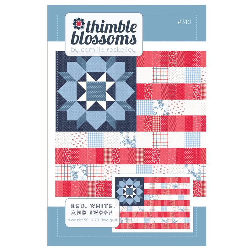 Red, White & Swoon quilt pattern cover showing a patriotic quilt with a large pieced Swoon star block and striped patchwork.
