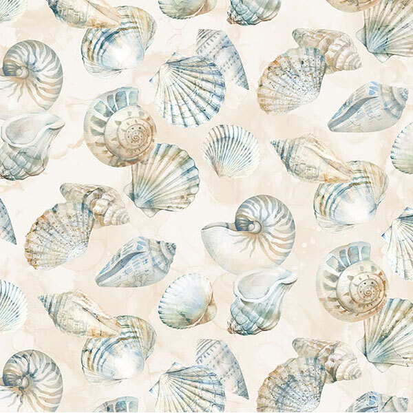A cream fabric with tossed seashells.