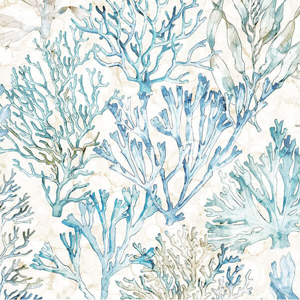 A cream fabric with watercolor coral and seaweed.