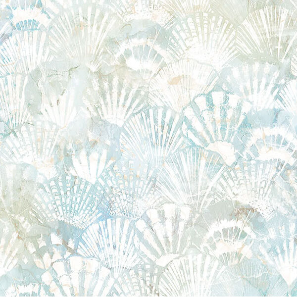 An off-white fabric with packed seashells and soft blue and gray accents.