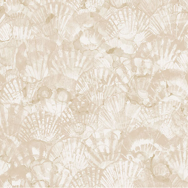 An off-white fabric with packed seashells. 