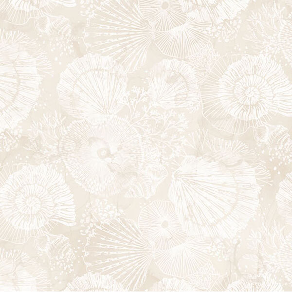 A cream fabric with tossed seashells and coral.