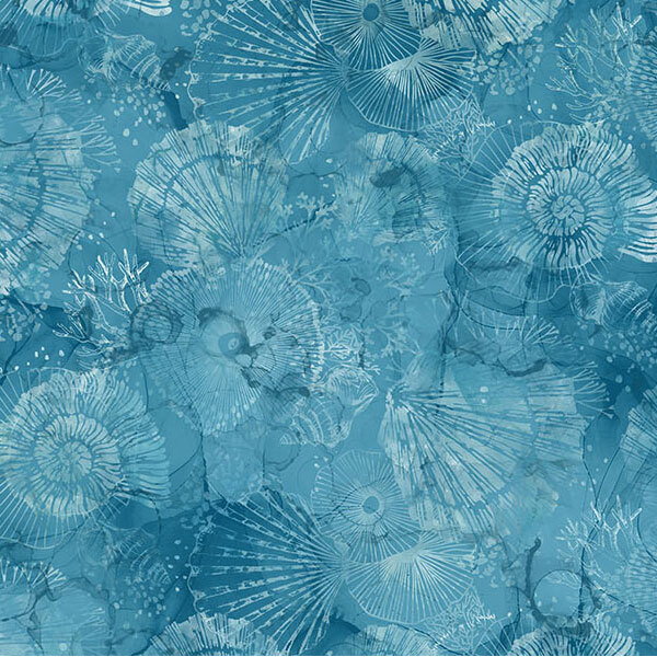A light blue fabric featuring layered seashells and coral in varying shapes and sizes with delicate white linework.