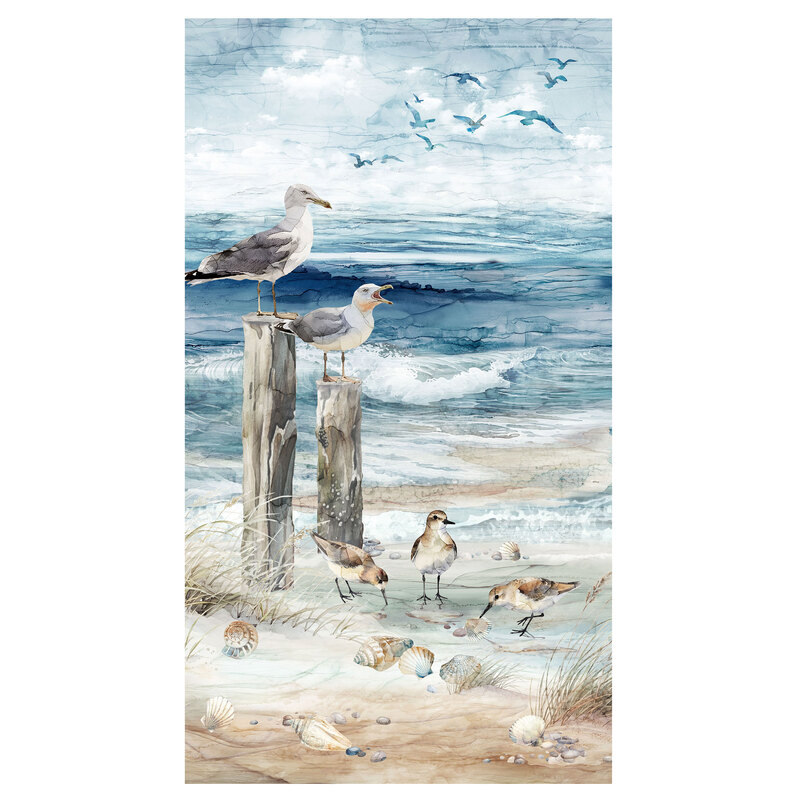 A fabric panel with an ocean scene of seagulls, shorebirds, seashells, and waves.
