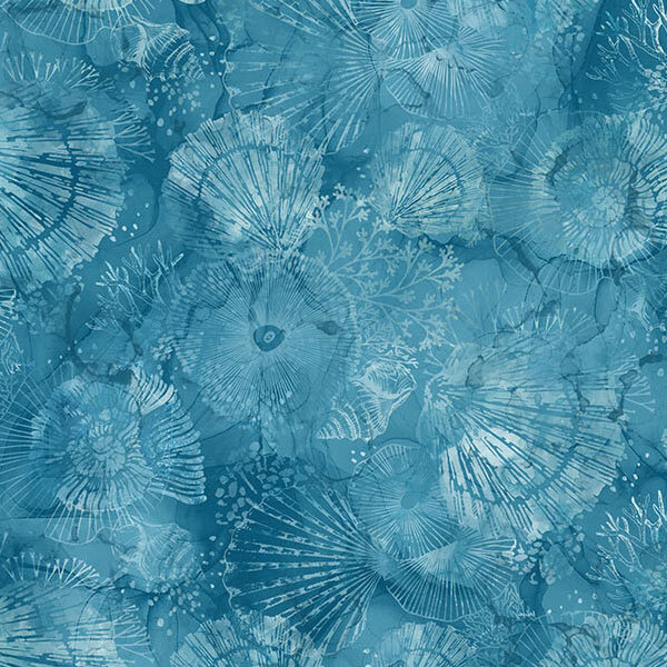 A mottled 108" teal blue fabric with sea shells and coral.