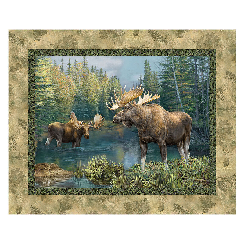 Panel fabric with two moose grazing in a marsh surrounded by a tall forest bordered by leaves and a mottled tan forest motif design.