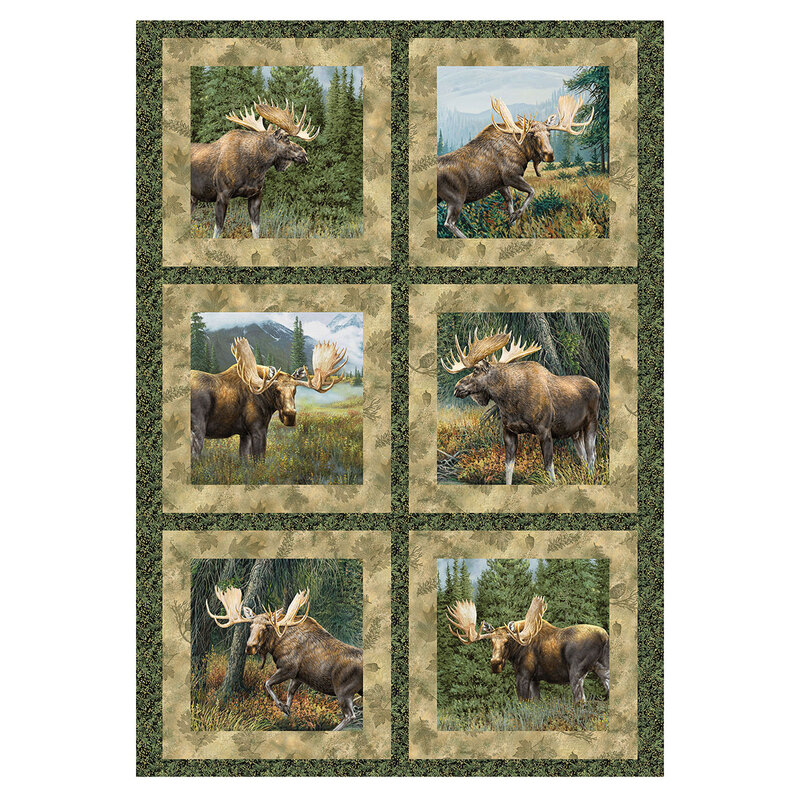 Panel fabric with six blocks of moose in different mountainous forest scenes bordered by tan forest motif designs and green leafy sprigs.