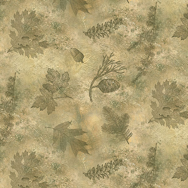 Mottled tan and light sage green fabric with a tossed pattern of acorns, leaves, and pine sprigs.
