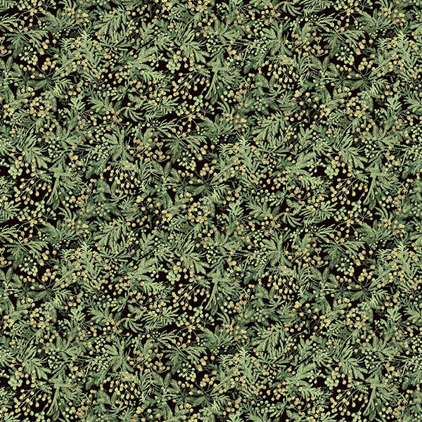 Black fabric with a packed design of green leafy sprigs.