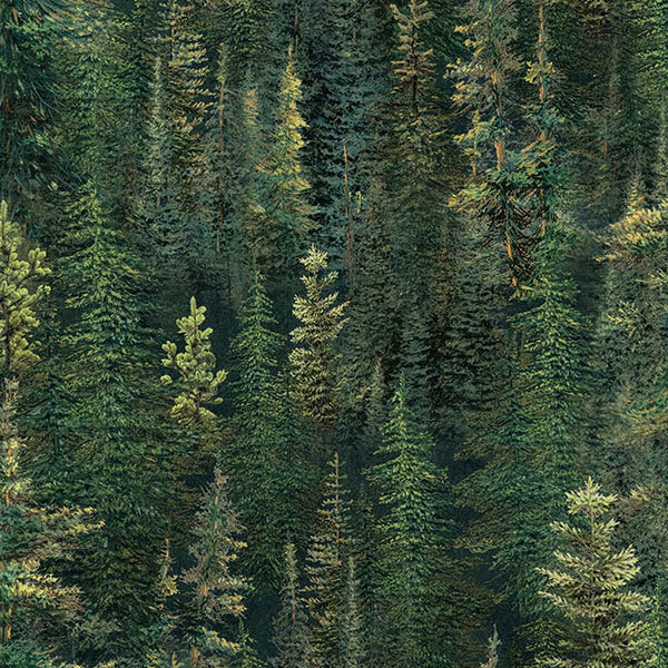 Green fabric with an aerial view of a pine forest.