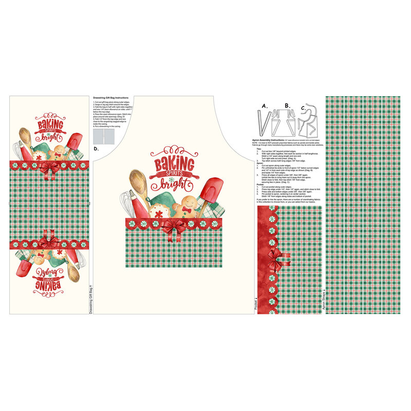 panel project fabric featuring parts for a kids Christmas baking apron and coordinating drawstring giftbag with instructions and parts.