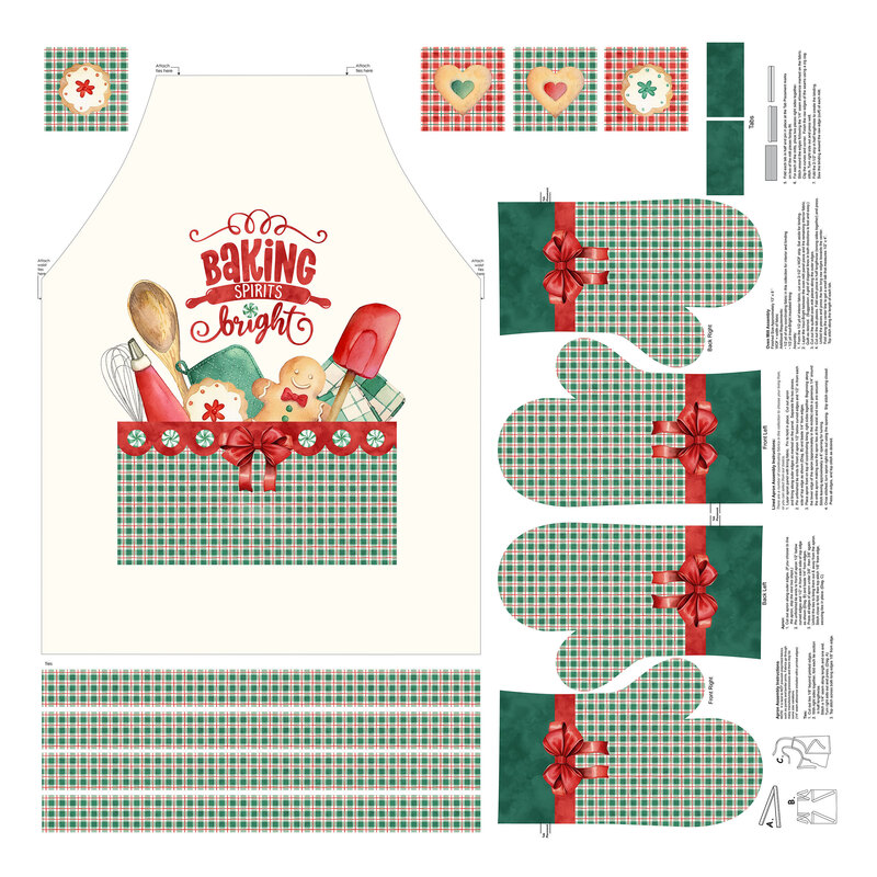 panel project fabric featuring parts for an adult Christmas baking apron and coordinating plaid oven mittens with instructions. 