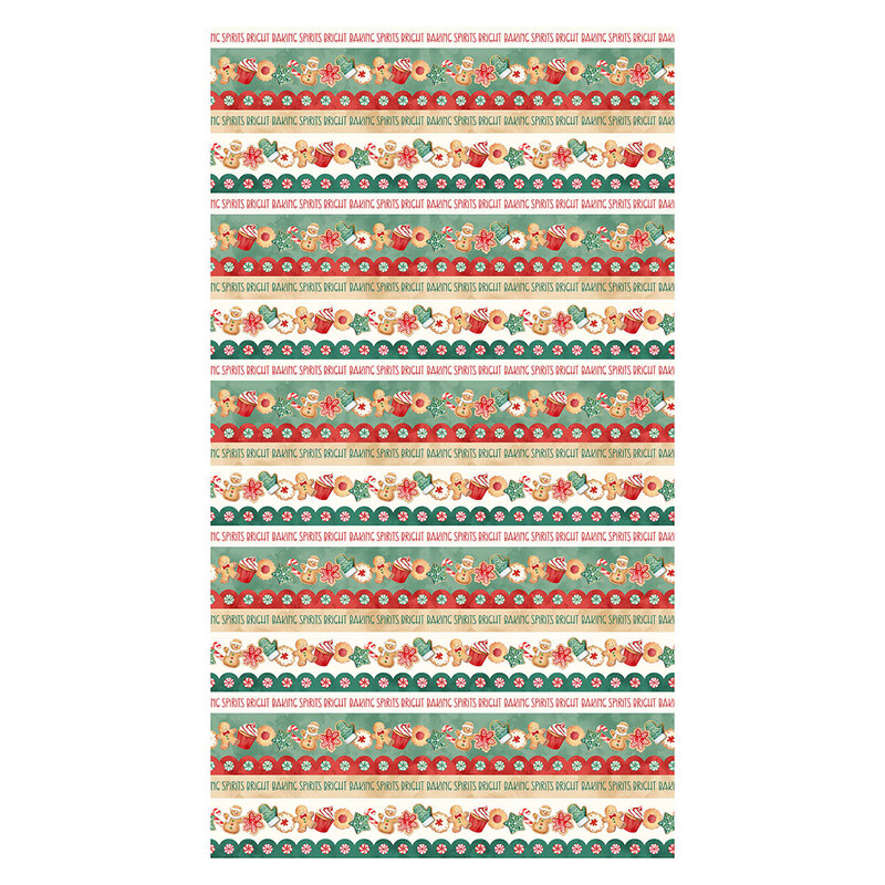 green, red, cream and white border stripe fabric featuring alternating rows of Christmas treats, peppermints, and the words "baking spirits bright"