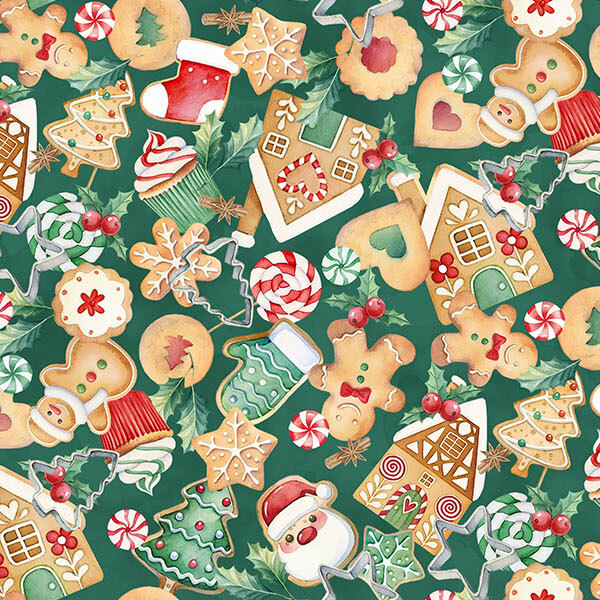 Seasonal gingerbread cookies, gingerbread houses, candy canes, peppermints, and holly on a rich spruce background.