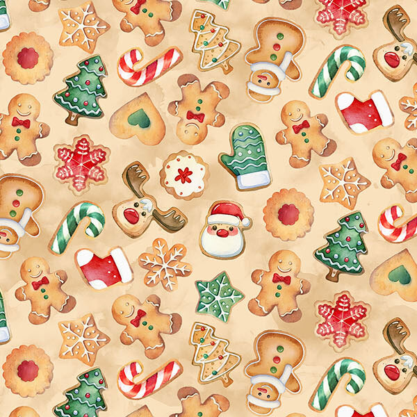 Decorated gingerbread cookies tossed on a mottled buff background.