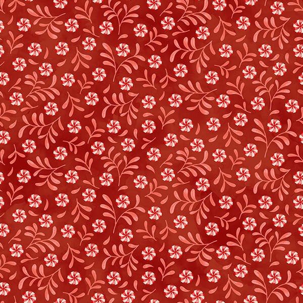 peppermint candies and leaf motifs scattered on a rich red background