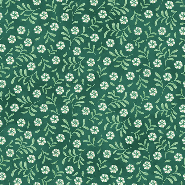 peppermint candies and leaf motifs scattered on a rich spruce green background