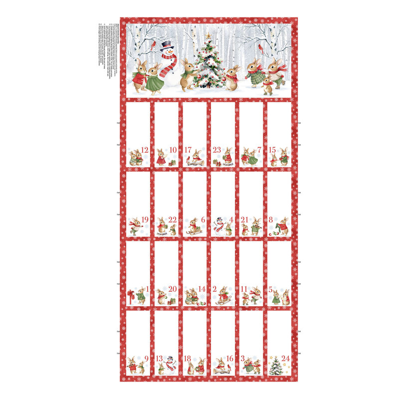 White advent calendar panel with a scene of bunnies in a wintry forest and different scenarios in the smaller calendar boxes.