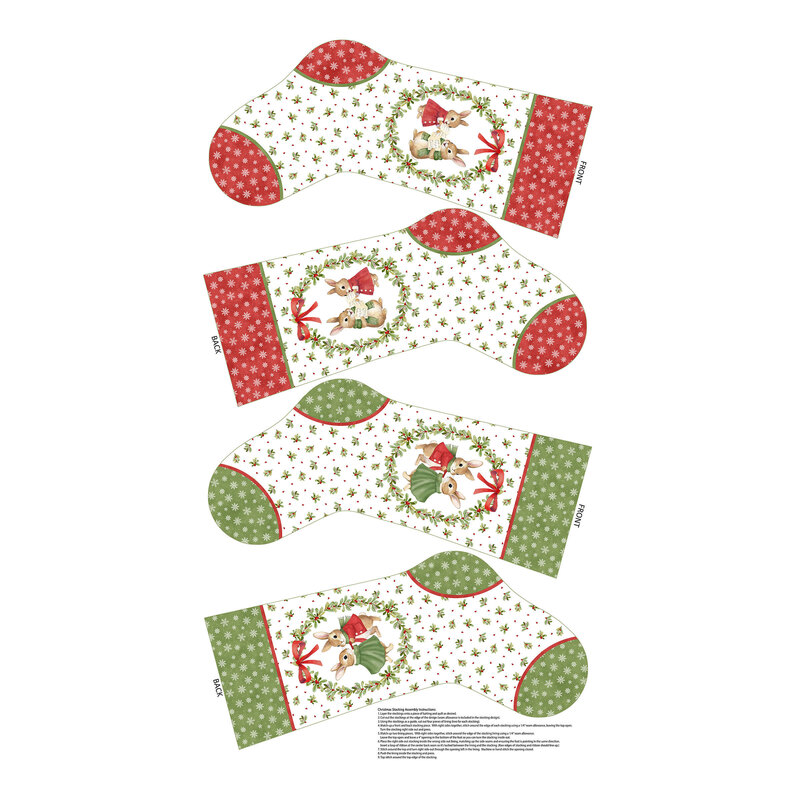 White project panel with designs for two different stockings with two bunnies, surrounded by holly vines and sprigs, and bordered by snowflakes.