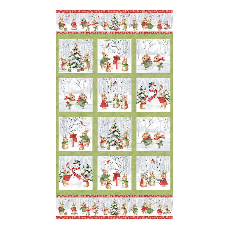 Panel fabric with 12 blocks of bunnies in different scenarios in wintry scenes, bordered by mottled green fabric and festive scenic stripes on both sides.