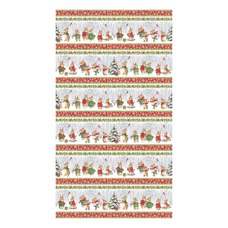 Border stripe fabric with wintry scenes of bunnies in scenarios separated by vines of holly, green stripes, and red stripes scattered with snowflakes.