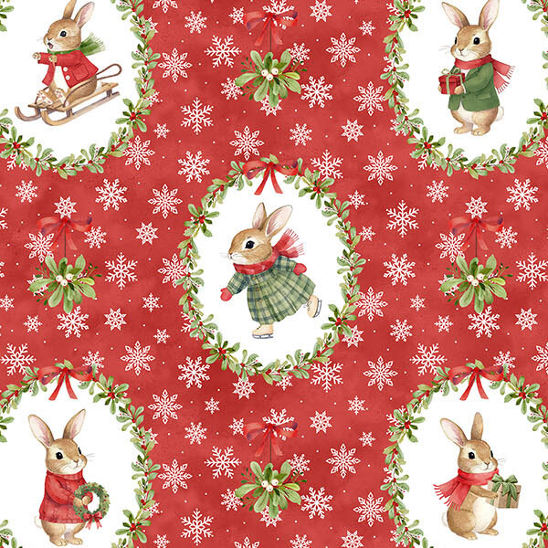 Mottled red fabric with scattered white snowflakes, hollies with bows, and frames of bunnies in scenarios.