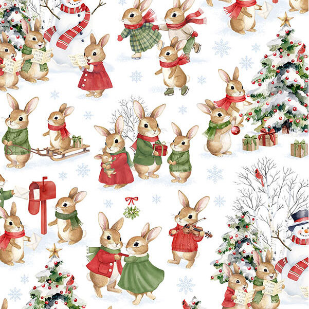White fabric with various scenes of bunnies in scenarios scattered with snowflakes.