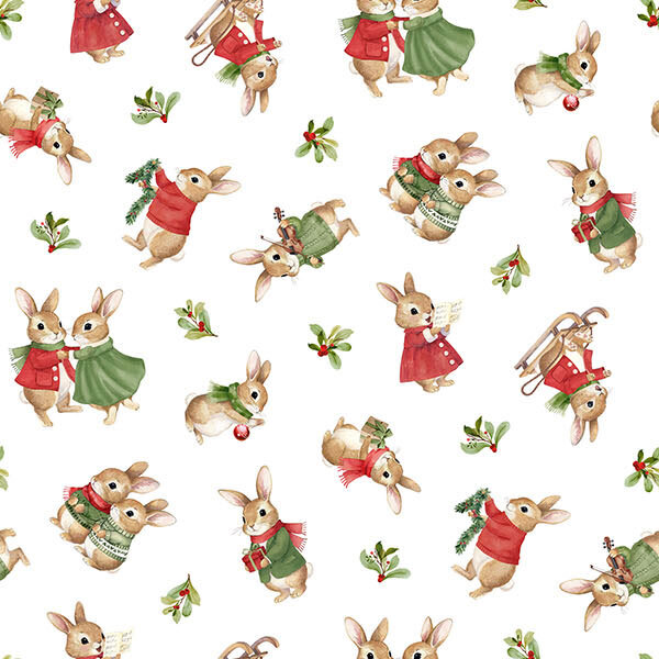 White fabric with tossed scenes of playful bunnies and holly sprigs.