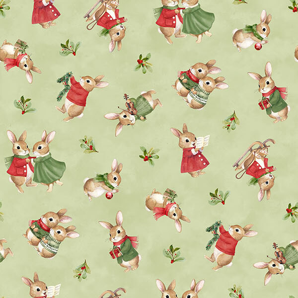 Mottled sage green fabric with tossed scenes of bunnies and holly sprigs.