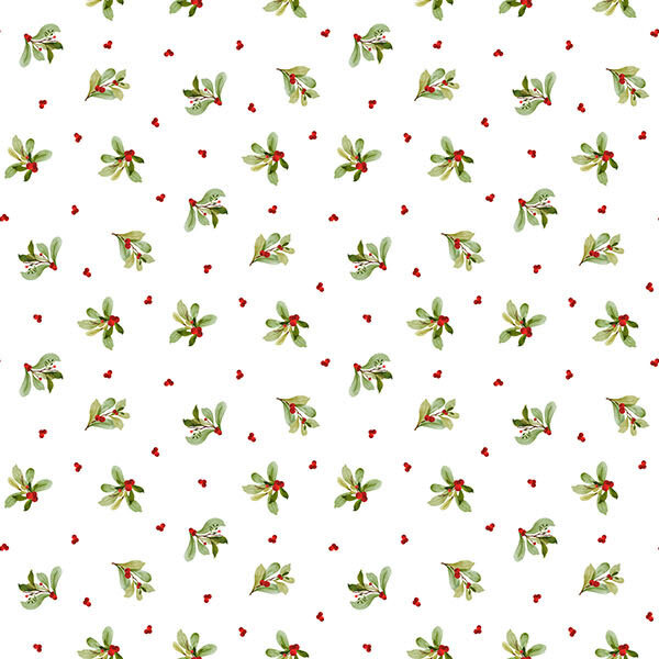 White fabric with a tossed design of holly sprigs and berries.