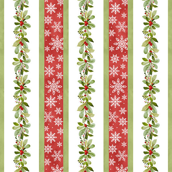 White fabric with stripes of holly vines, green pinstripes, and mottled red stripes scattered with white snowflakes.