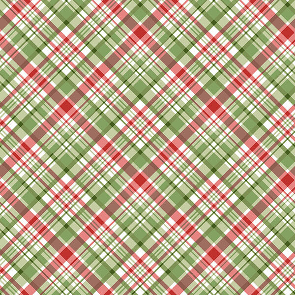 White fabric with a green plaid pattern strung with red plaid stripes.
