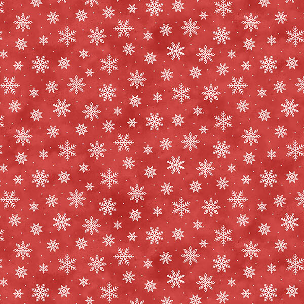Mottled red fabric with a scattered pattern of white snowflakes and pin dots.