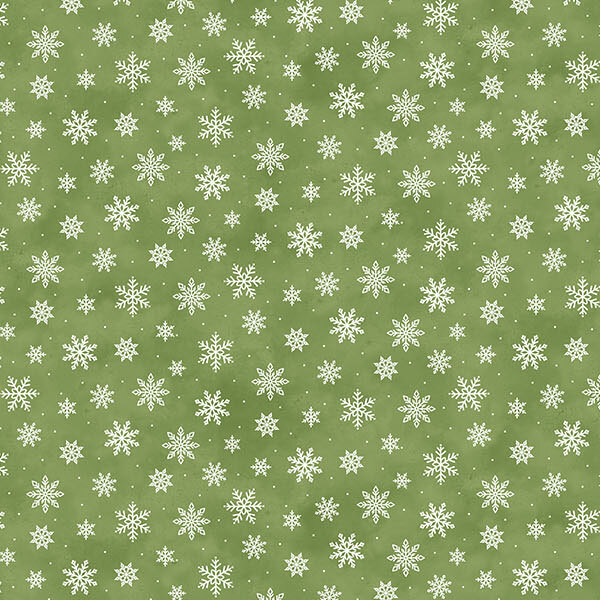 Mottled, warm sage fabric with a scattered pattern of white snowflakes and pin dots.