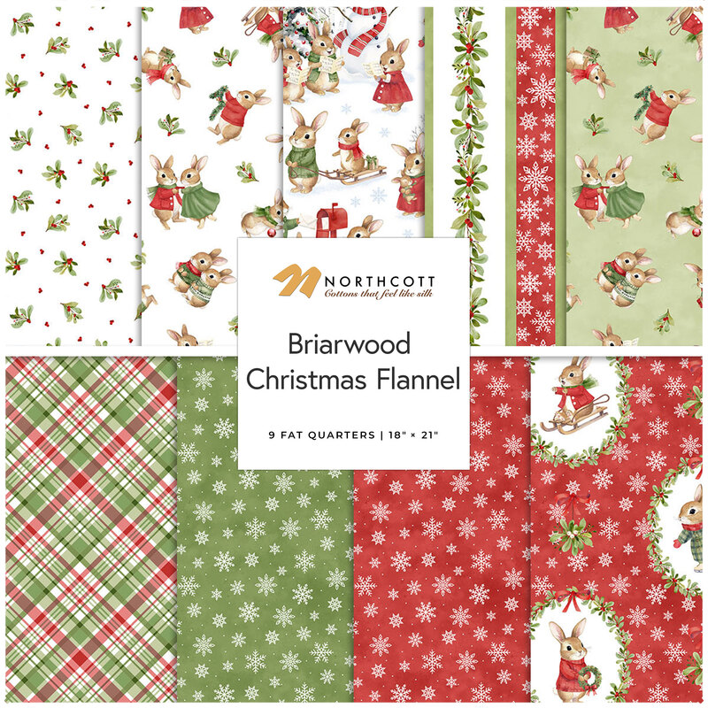 Digital collage of the Fat Quarter Bundle from the Briarwood Christmas Flannel fabric collection.