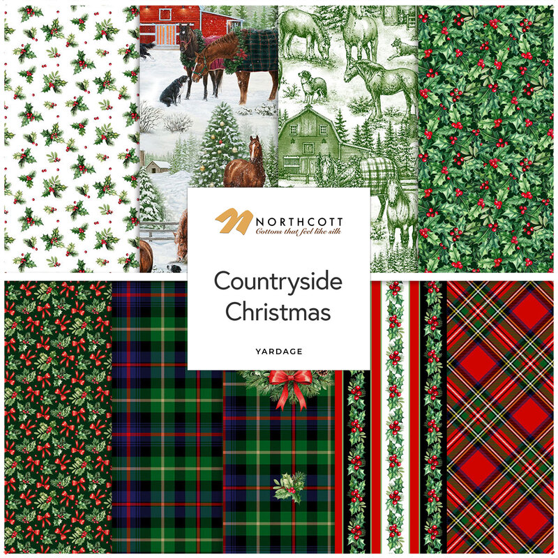 Countryside Christmas fabric collection with horses, barns, trees, and tartan plaids.
