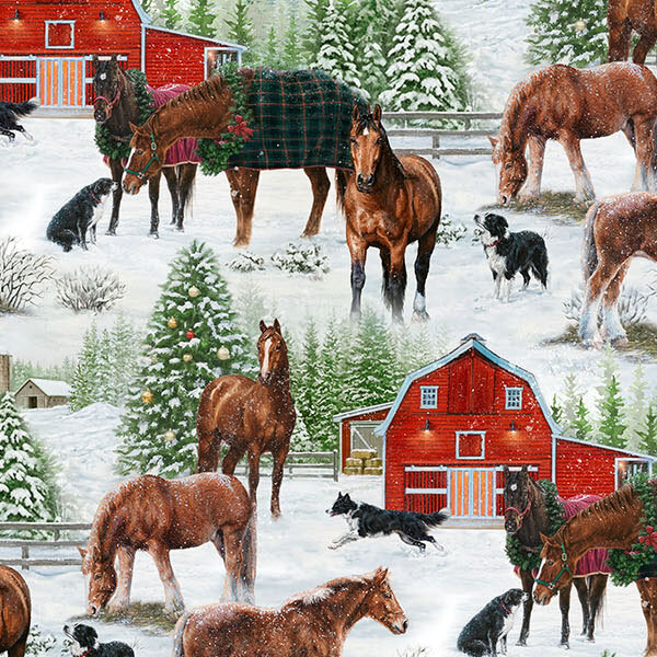 White fabric with a Christmas farm scene of horses, shepherd dogs, and barns nestled in the snow.