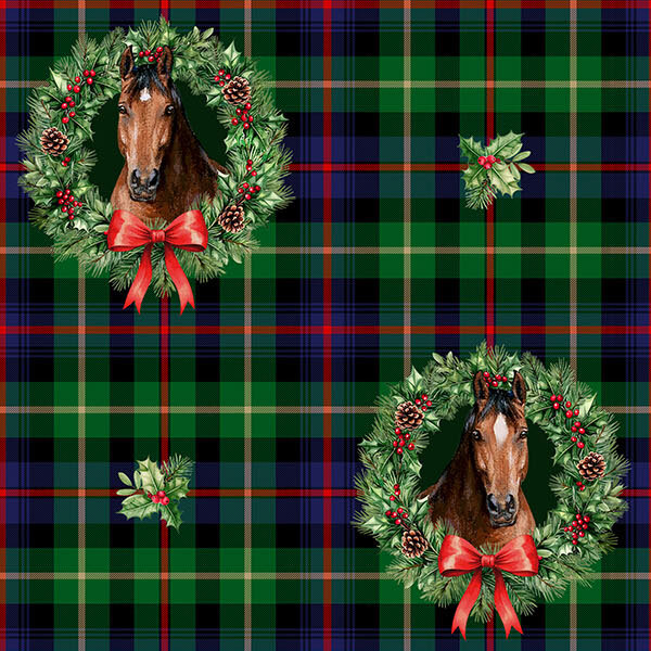 Green fabric with a classic plaid pattern accented with holly garlands and horses.