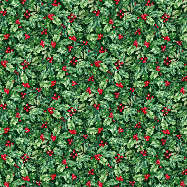 Green fabric with a packed design of overlapping holly leaves.