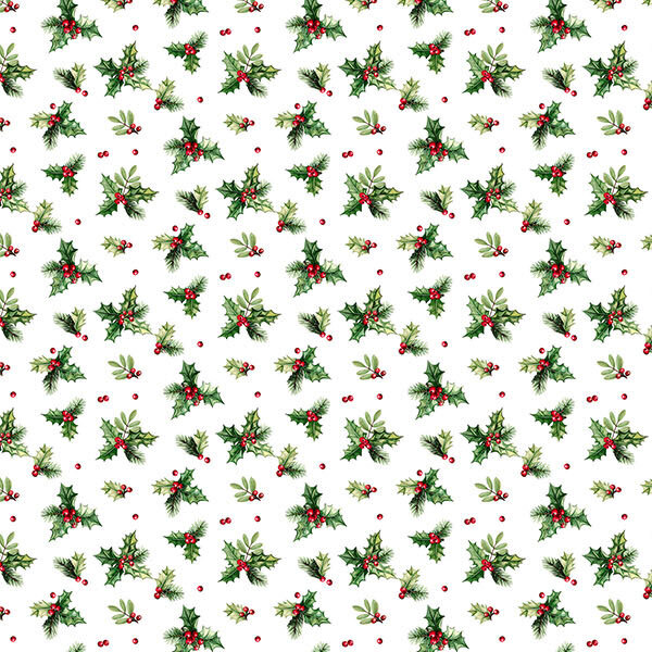 White fabric with a tossed pattern of delicate holly leaves.