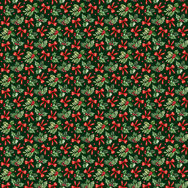 Dark green fabric with a tossed pattern of holly leaves and decorative red bows.