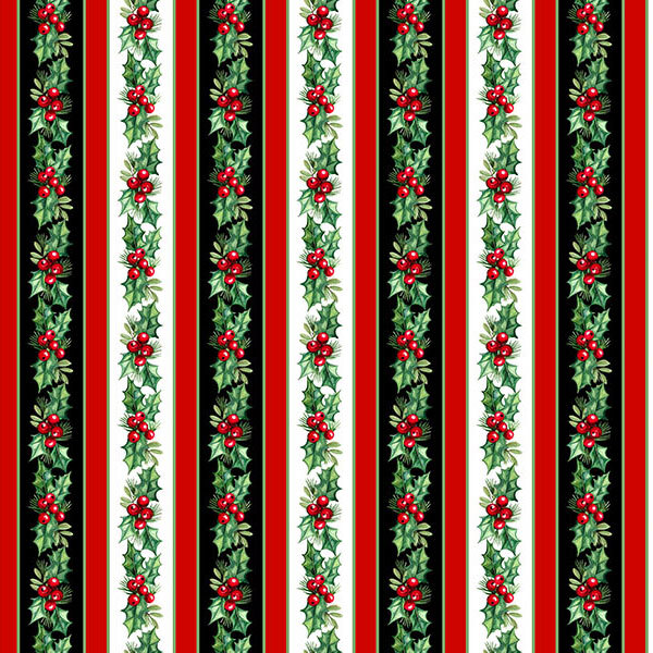Fabric with a striped pattern of white and black stripes accented with holly.