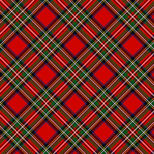 Red fabric with a classic plaid pattern of intersecting green and blue stripes.
