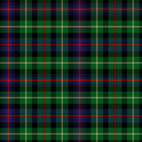 Plaid fabric with a classic pattern of intersecting green, blue, and red stripes.