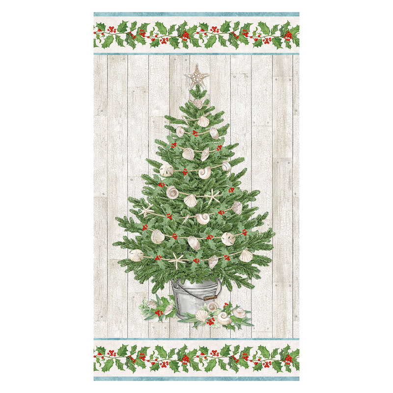 Cream fabric panel with a wood plank texture topped with a coastal, seashell-decorated Christmas tree and bordered by holly vines.