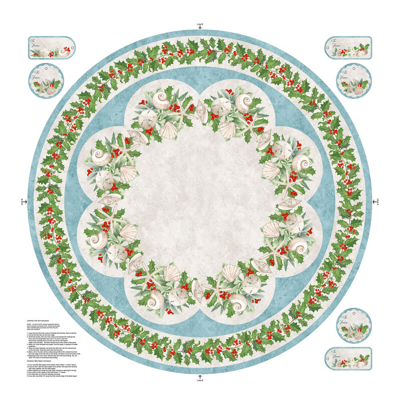 Mottled cream and teal tree skirt panel with a blooming design of seashells and starfish on a bed of holly sprigs surrounded by holly vines.
