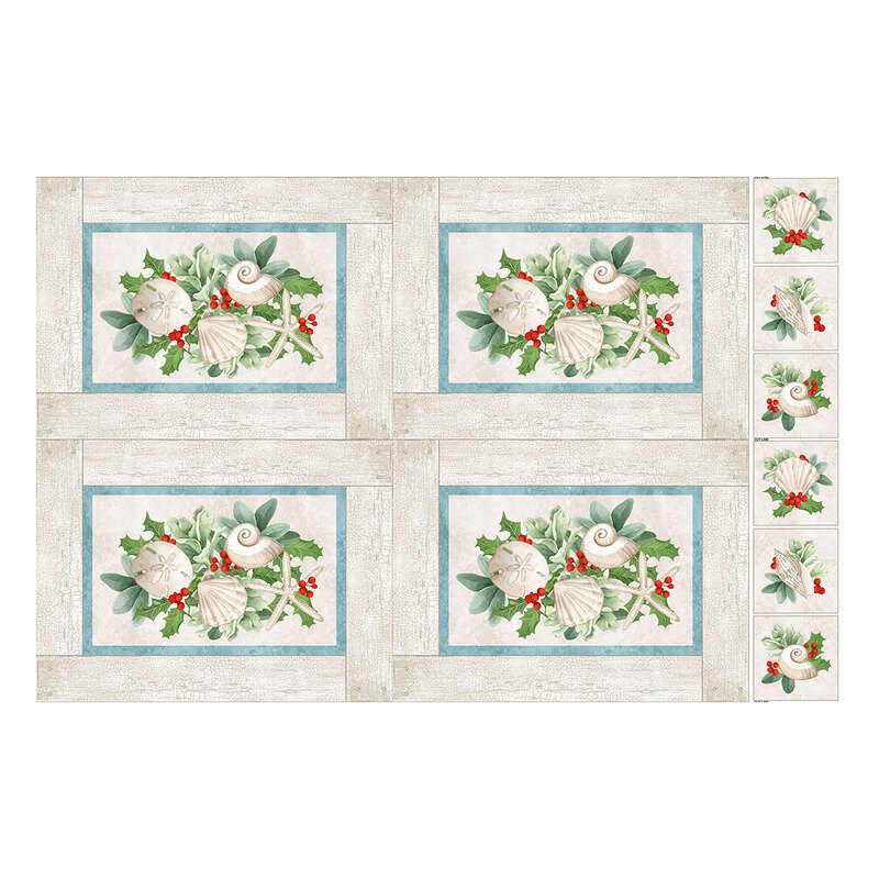 Cream-colored placemat panel with four blocks of seashells and starfish on a bed of holly leaves bordered by sandy wooden planks.